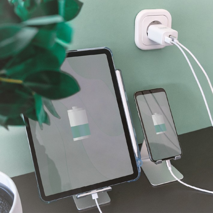 Adattatore di Ricarica con 2 Porte - USB C e USB A - 30 w - per Smartphone e Tablet - Bianco