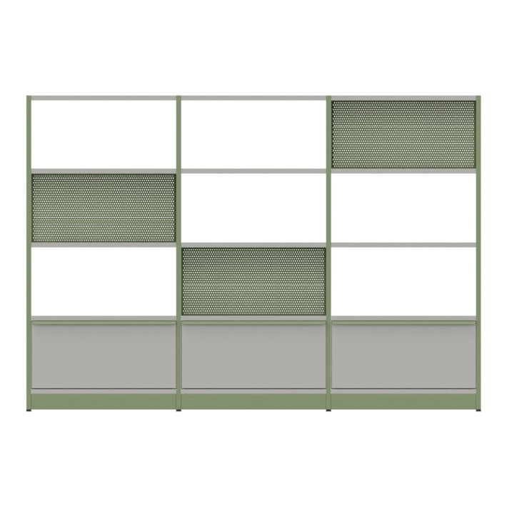 Libreria Combus Modello 2 - Dimensioni 240 x 40 x 163,5 cm - Colore Struttura Verde - Colore Ripiano Legno Grigio