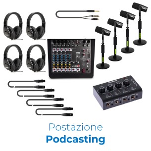 Postazione Podcasting 4 Utenti - Include Microfoni, Cuffie, Mixer Audio, Preamplificatore,...