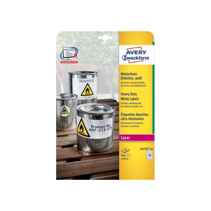 Avery L4716-20 etichetta autoadesiva Cerchio Permanente Bianco 960 pz