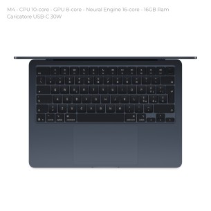 Notebook 13" - Apple MacBook Air - M4 CPU 10-core - GPU 8-core - Ram 16GB - SSD 256GB - MacOS Sequoia - Midnight 2
