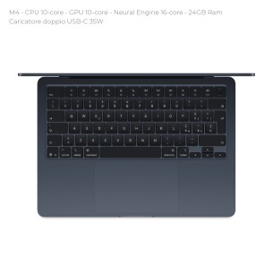 Notebook 13" - Apple MacBook Air - M4 CPU 10-core - GPU 10-core - Ram 24GB - SSD 512GB - MacOS Sequoia - Midnight 2