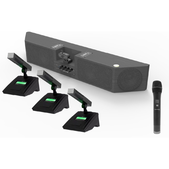 Soundbar con webcam e 4 radio microfoni da tavolo inclusi - Ideale per gruppi di lavoro o sale meeting - Pile microfono Escluse