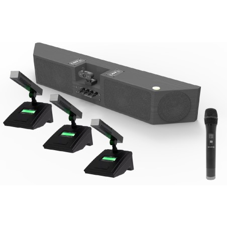 Soundbar con webcam e 4 radio microfoni da tavolo inclusi - Ideale per gruppi di lavoro o...