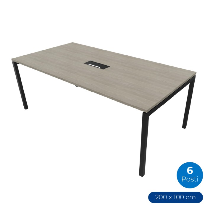 Tavolo Riunione Nova 6 Posti con Foro Passacavi Rettangolare Centrale - Dimensioni 200x100x74 cm - Piano Grigio - Struttura Nero