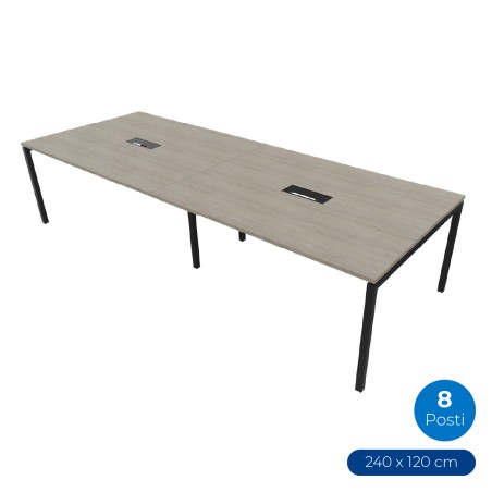 Tavolo Riunione Nova 8 Posti con 2 Fori Passacavi - Dimensioni 240x120x74 cm - Piano Grigio...