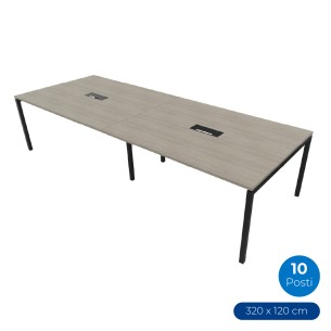 Tavolo Riunione Nova 6 Posti con Foro Passacavi Rettangolare Centrale - Dimensioni 200x100x74 cm - Piano Grigio - Struttura Nero