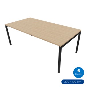 Tavolo Riunione Nova 6 Posti - Dimensioni 200 x 100 x 74 cm - Colore Piano Rovere Ambrato - Colore Struttura Nero
