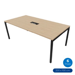 Tavolo Riunione Nova 6 Posti con Foro Passacavo - Dimensioni 200 x 100 x 74 cm - Piano Rovere Ambrato - Colore Struttura Nero