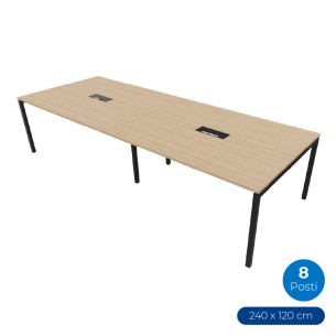 Tavolo Riunione Nova 8 Posti con Fori Passacavi - Dimensioni 240x120x74 cm - Piano Rovere Ambrato - Struttura Nero