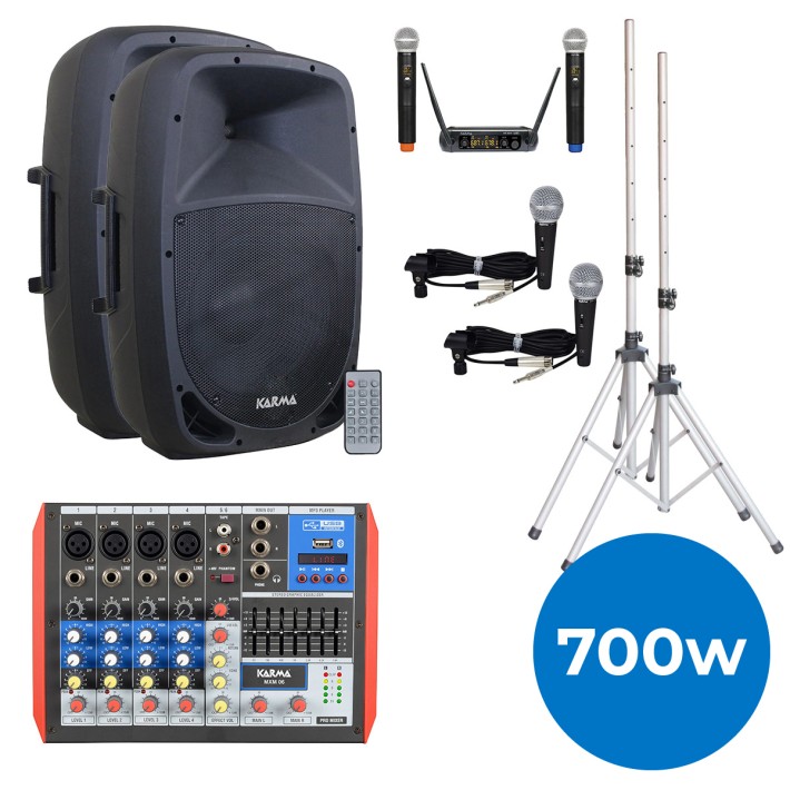 Kit Casse All in One - 700W - Treppiedi, 4 microfoni (2 filo e 2 wireless) e Mixer