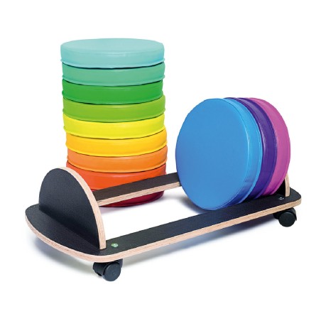 Set 12 Cuscini Rotondi in Tessuto PVC + Piattaforma Mobile in Compensato