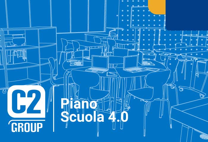 Illustrazione di un'aula con tecnologie digitali, rappresentazione del Piano Scuola 4.0