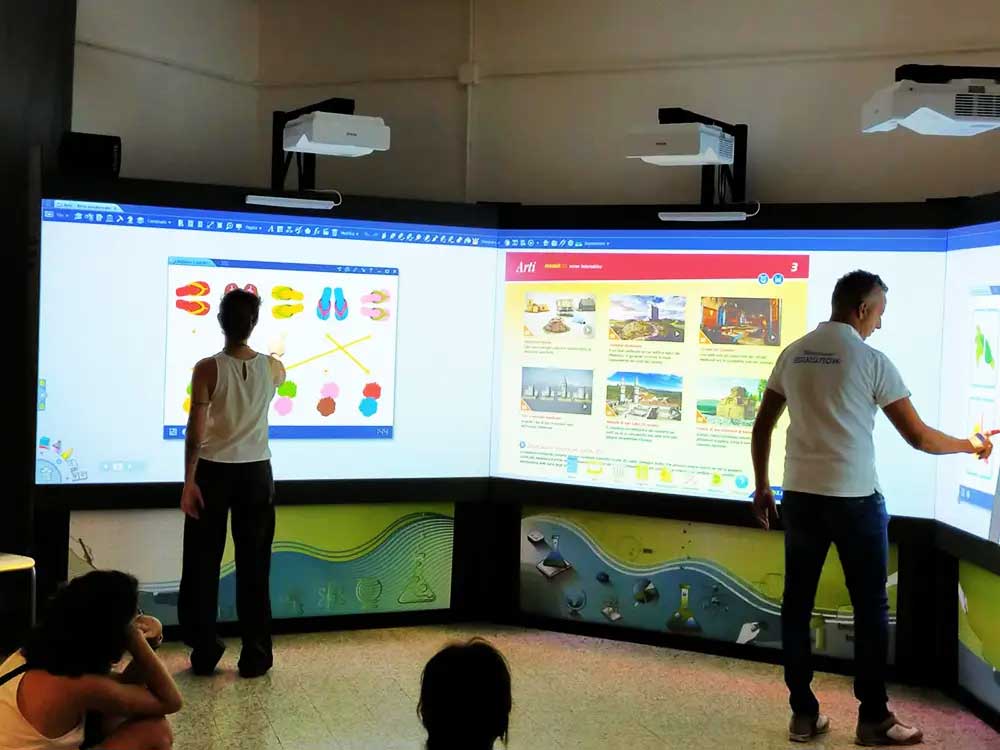 Due persone utilizzando contemporaneamente la stessa parete immersiva