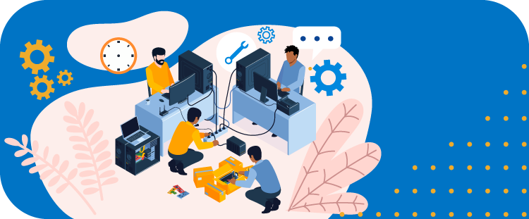 Tecnici al lavoro su computer, simbolo del supporto e assistenza tecnica di C2 Group