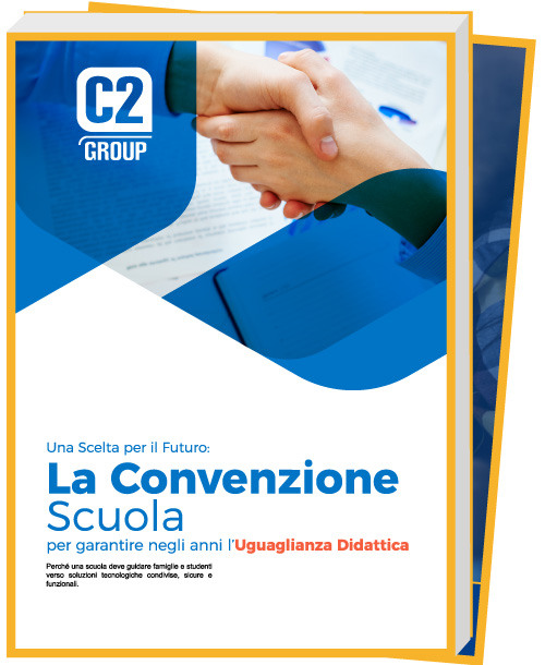 Copertina della brochure Le Convenzioni Scuola di C2 Group, con illustrazioni di persone e documenti