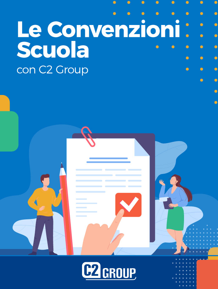 Copertina della brochure Le Convenzioni Scuola di C2 Group, con illustrazioni di persone e documenti