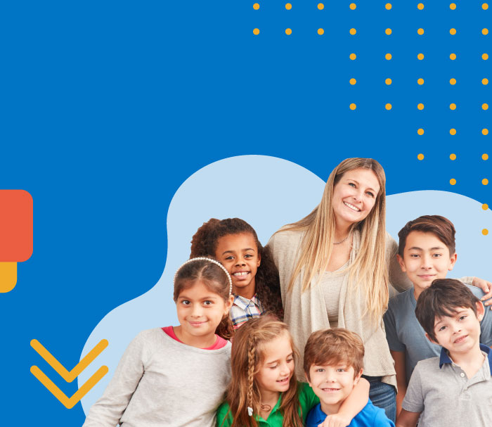 Bambini e docente sorridenti, simbolo dell&#039;educazione scolastica in un ambiente positivo