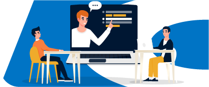 Grafica di un webinar con persone al computer, promozione dei Webinar C2 Group